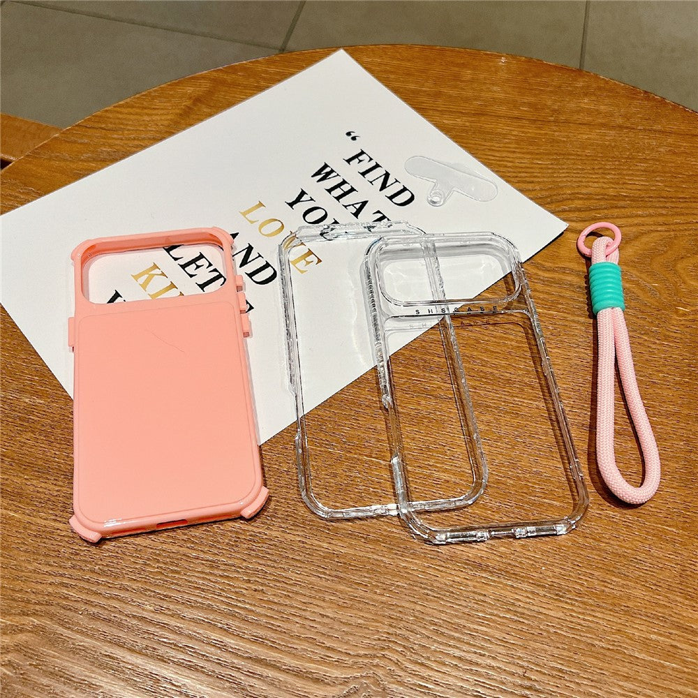 For iPhone 17 Pro Max Case 3 in 1 Drop-Proof PC + TPU Phone Back Cover with Wrist Strap - Rose