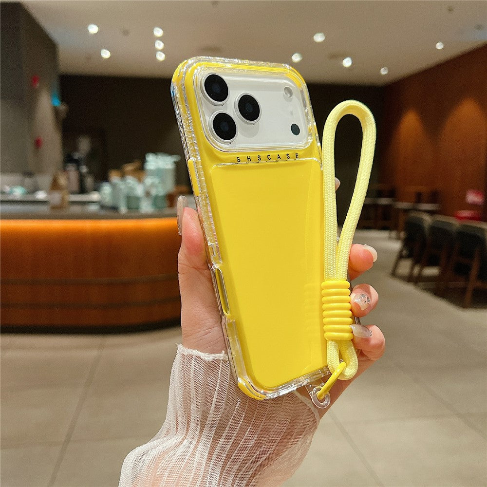 For iPhone 17 Pro Max Case 3 in 1 Drop-Proof PC + TPU Phone Back Cover with Wrist Strap - Yellow