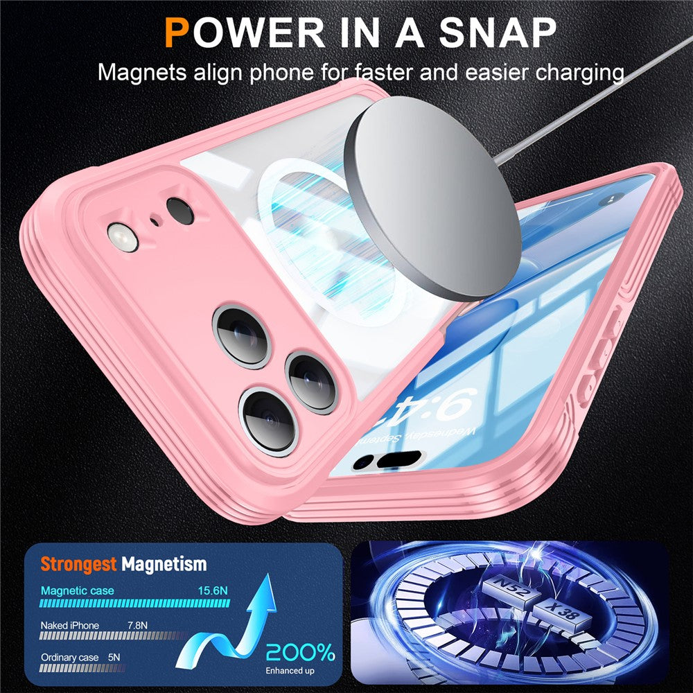 For iPhone 17 Pro Max Case Compatible with MagSafe PC + TPU Phone Cover with Tempered Glass Screen Film - Pink