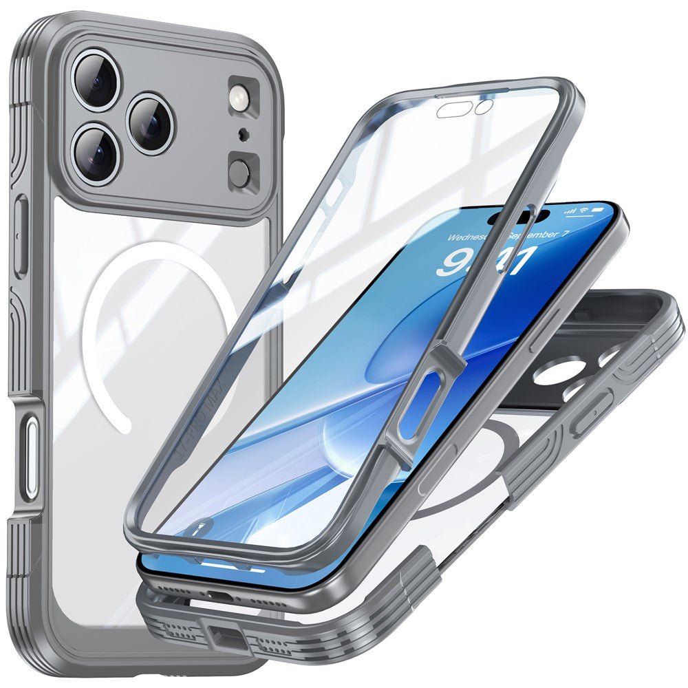 For iPhone 17 Pro Max Case Compatible with MagSafe PC + TPU Phone Cover with Tempered Glass Screen Film - Grey