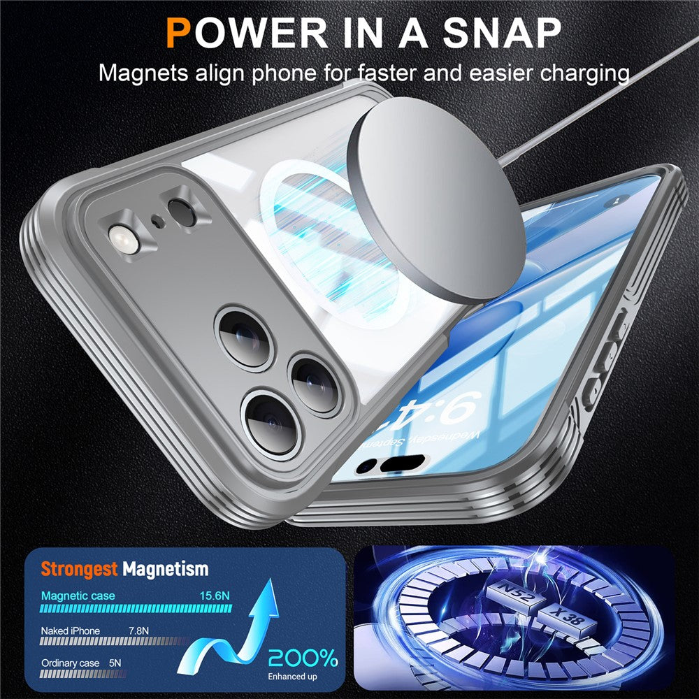For iPhone 17 Pro Max Case Compatible with MagSafe PC + TPU Phone Cover with Tempered Glass Screen Film - Grey