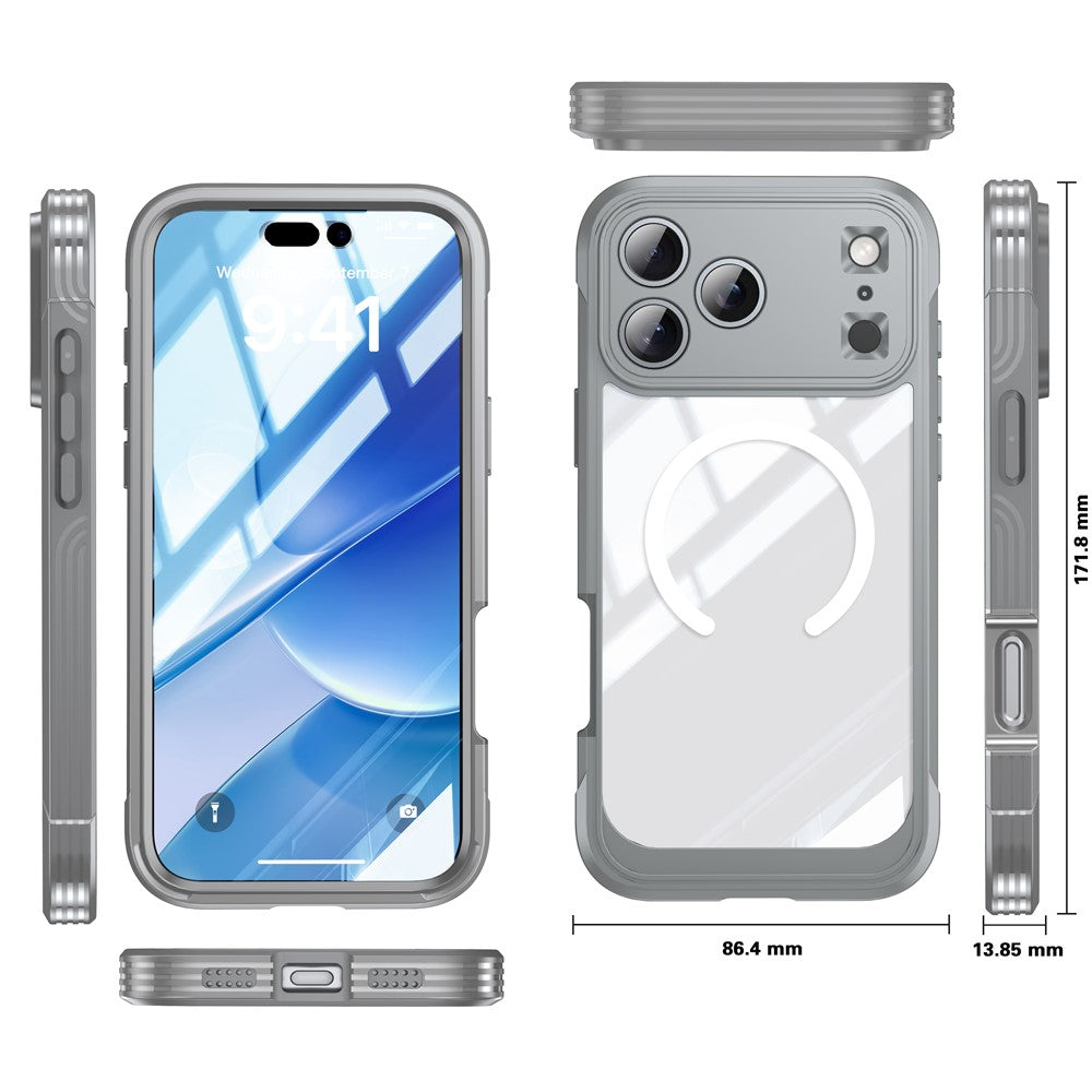For iPhone 17 Pro Max Case Compatible with MagSafe PC + TPU Phone Cover with Tempered Glass Screen Film - Grey