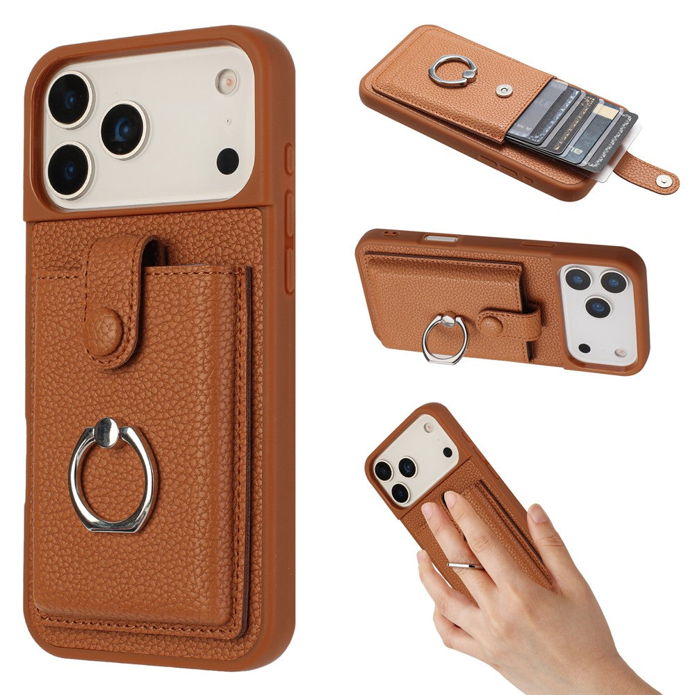 For iPhone 17 Pro Max Case with Ring Kickstand Drawing Type Card Slots Leather Back Cover - Brown