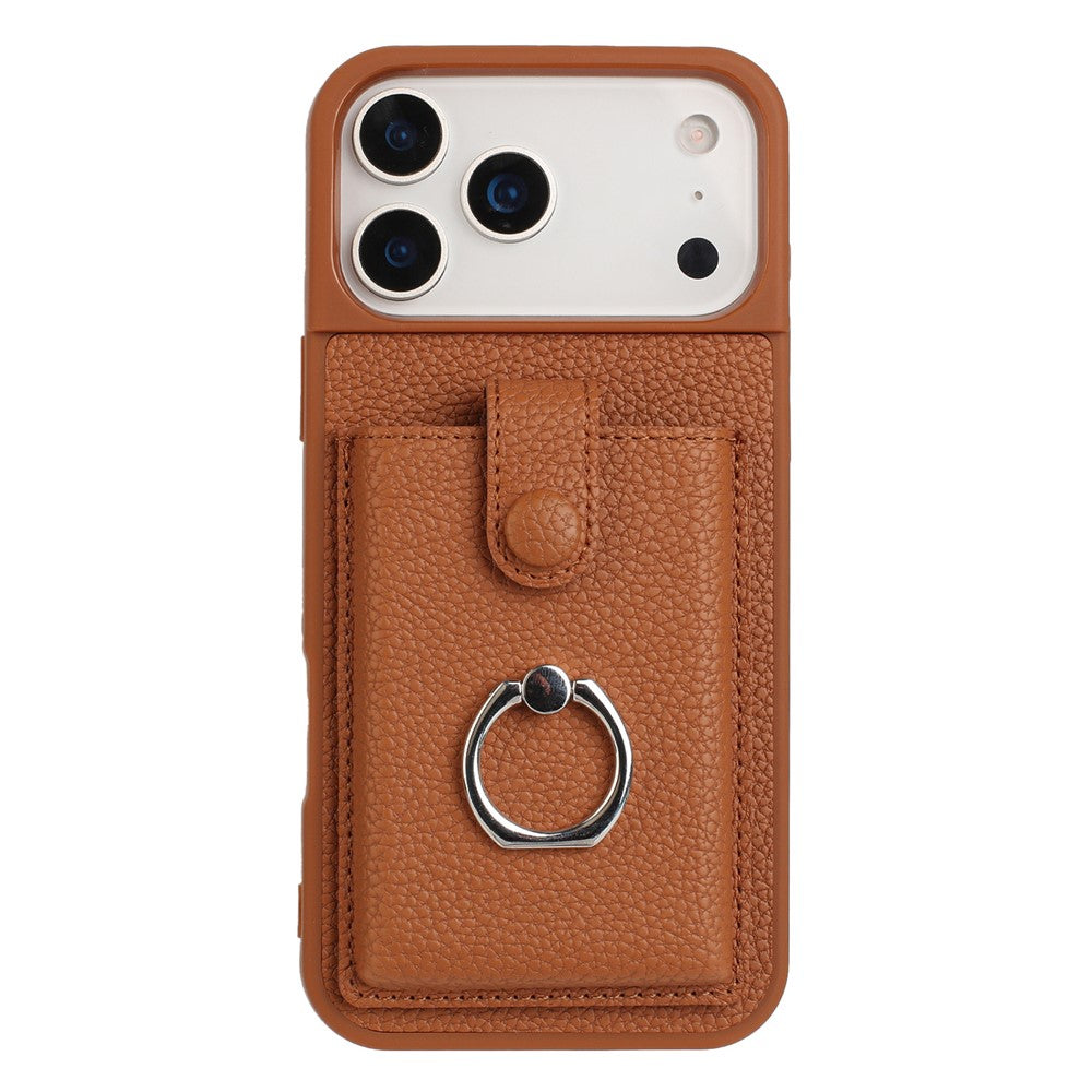 For iPhone 17 Pro Max Case with Ring Kickstand Drawing Type Card Slots Leather Back Cover - Brown