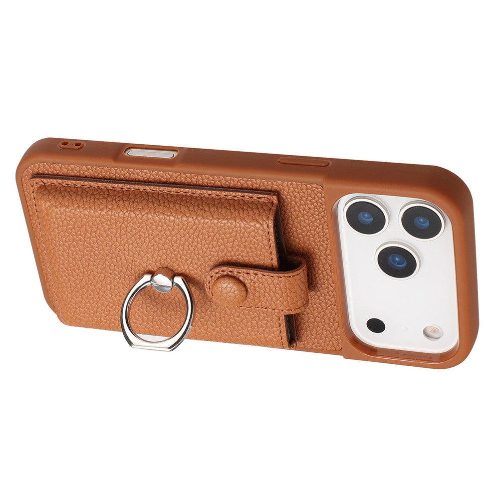 For iPhone 17 Pro Max Case with Ring Kickstand Drawing Type Card Slots Leather Back Cover - Brown