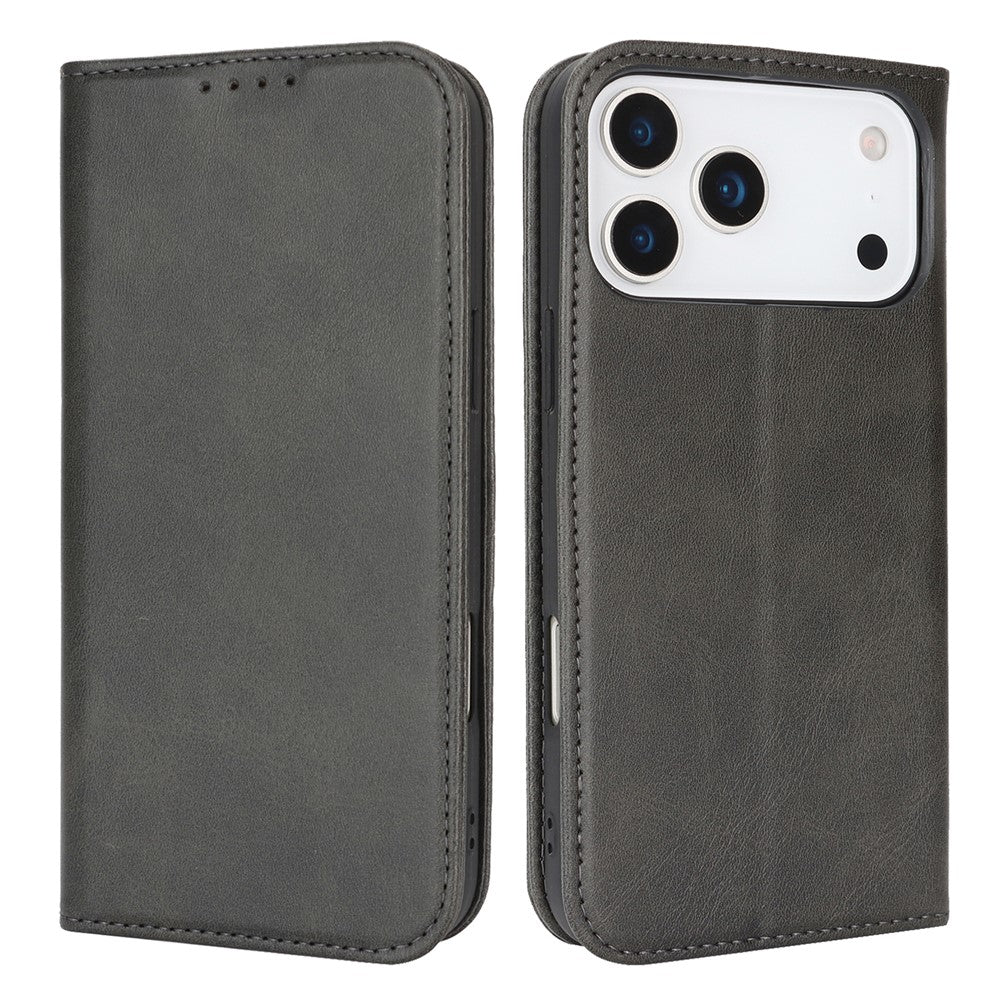 For iPhone 17 Pro Max Case PU Leather Calf Textured Magnetic Closing Smart Phone Cover - Black