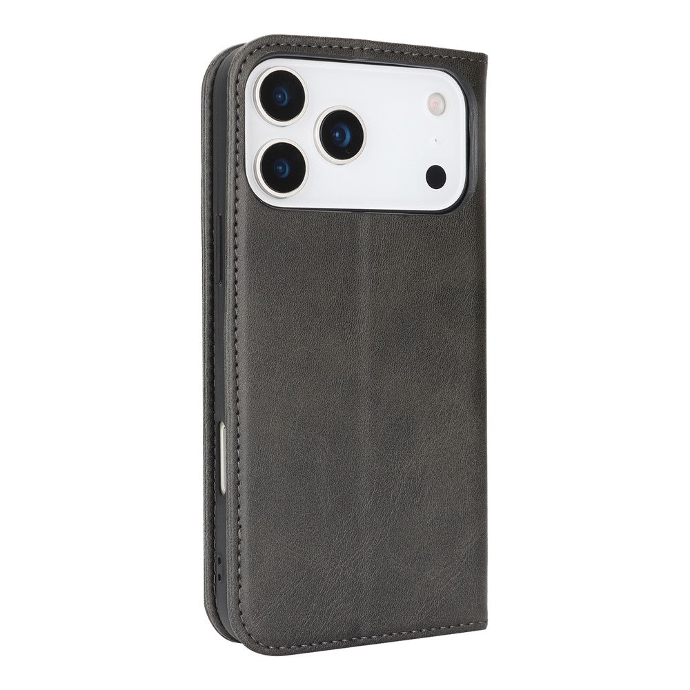 For iPhone 17 Pro Max Case PU Leather Calf Textured Magnetic Closing Smart Phone Cover - Black
