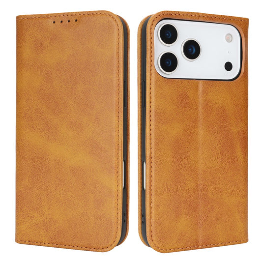 For iPhone 17 Pro Max Case PU Leather Calf Textured Magnetic Closing Smart Phone Cover - Light Brown
