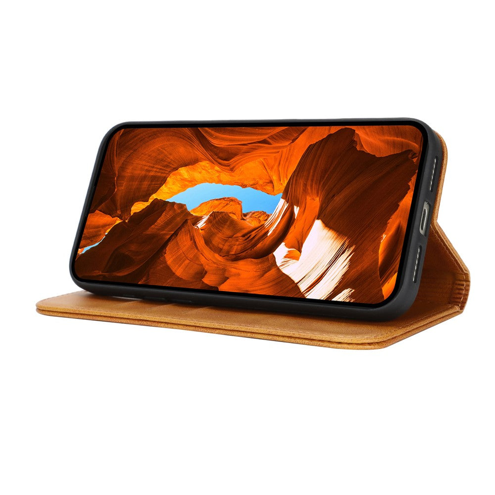 For iPhone 17 Pro Max Case PU Leather Calf Textured Magnetic Closing Smart Phone Cover - Light Brown