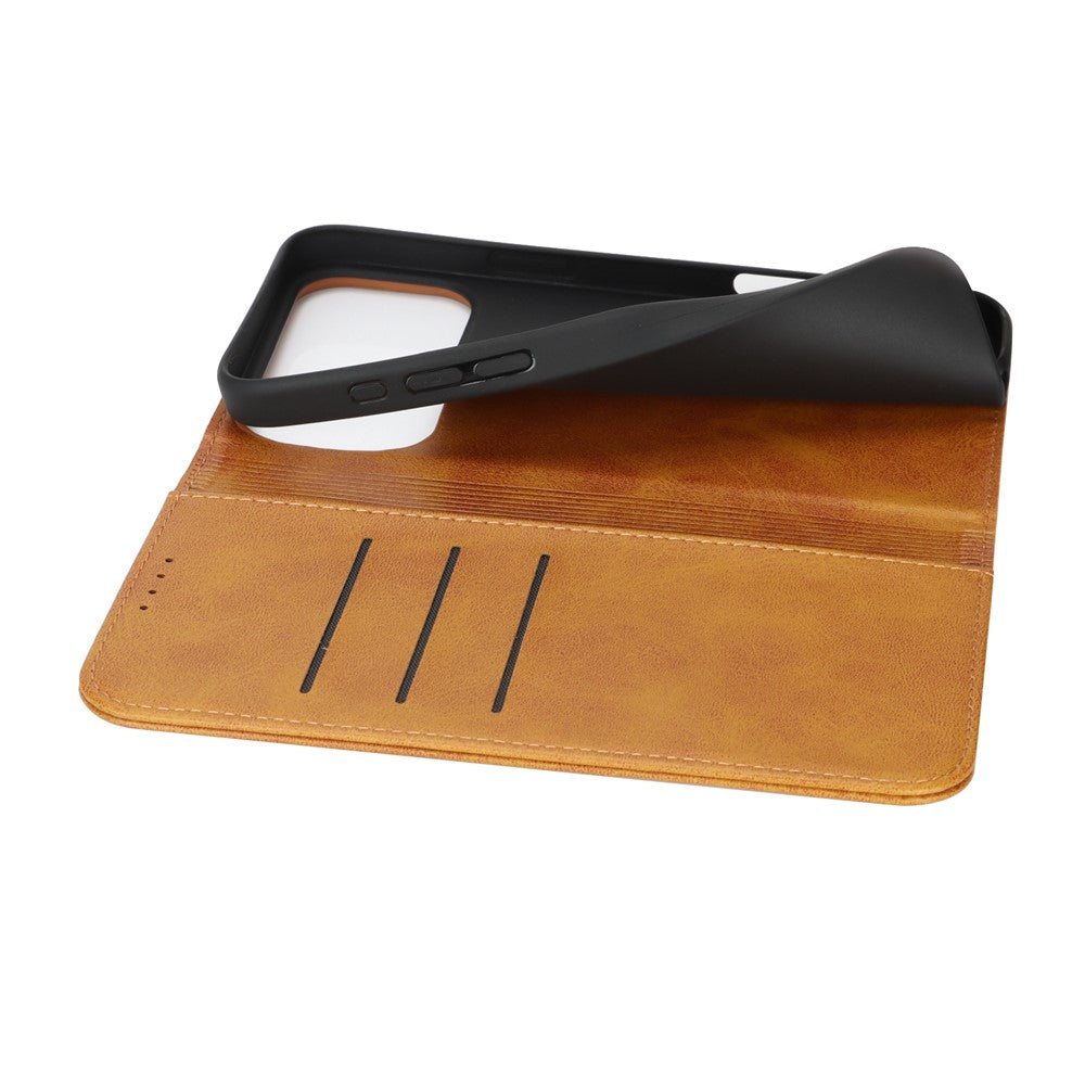 For iPhone 17 Pro Max Case PU Leather Calf Textured Magnetic Closing Smart Phone Cover - Light Brown