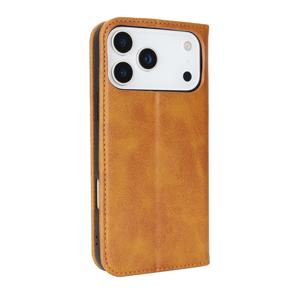For iPhone 17 Pro Max Case PU Leather Calf Textured Magnetic Closing Smart Phone Cover - Light Brown