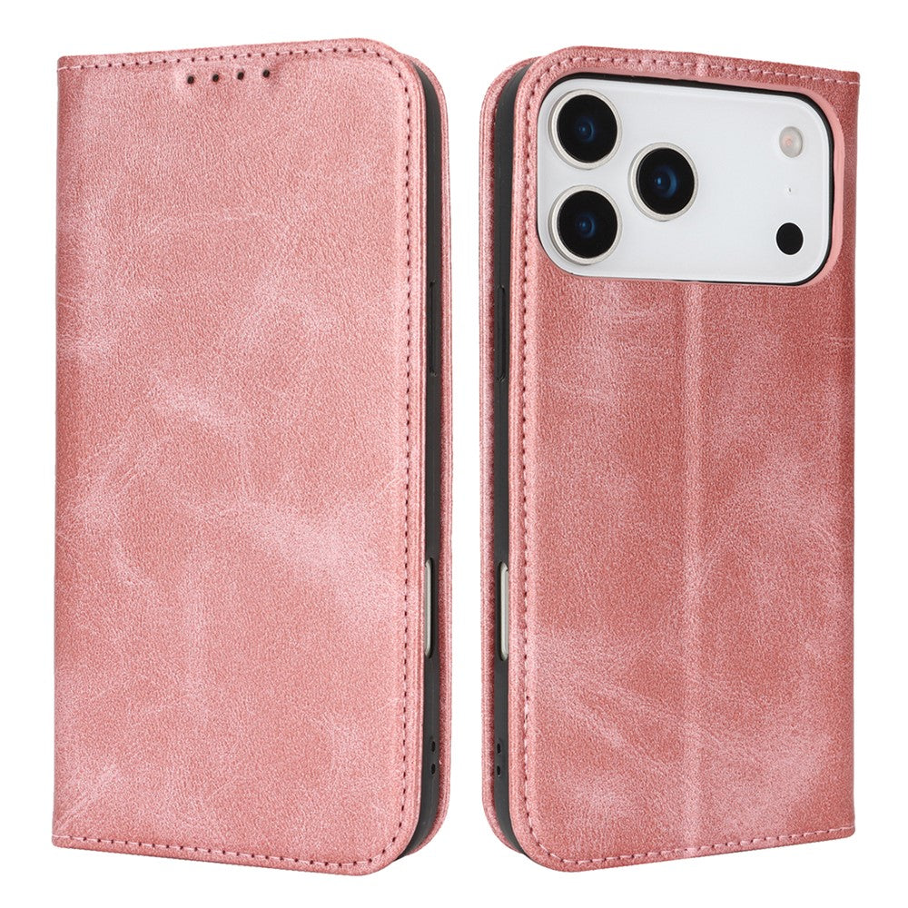 For iPhone 17 Pro Max Case PU Leather Calf Textured Magnetic Closing Smart Phone Cover - Rose Gold