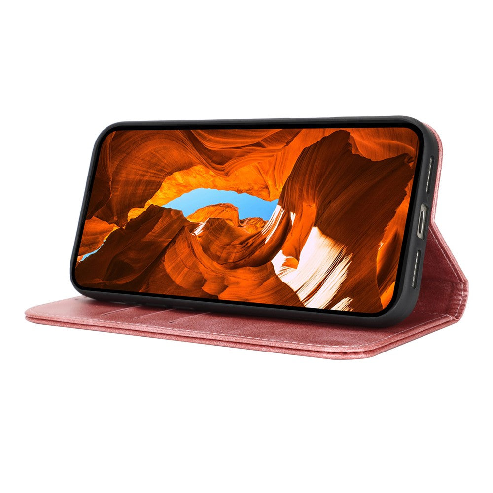 For iPhone 17 Pro Max Case PU Leather Calf Textured Magnetic Closing Smart Phone Cover - Rose Gold