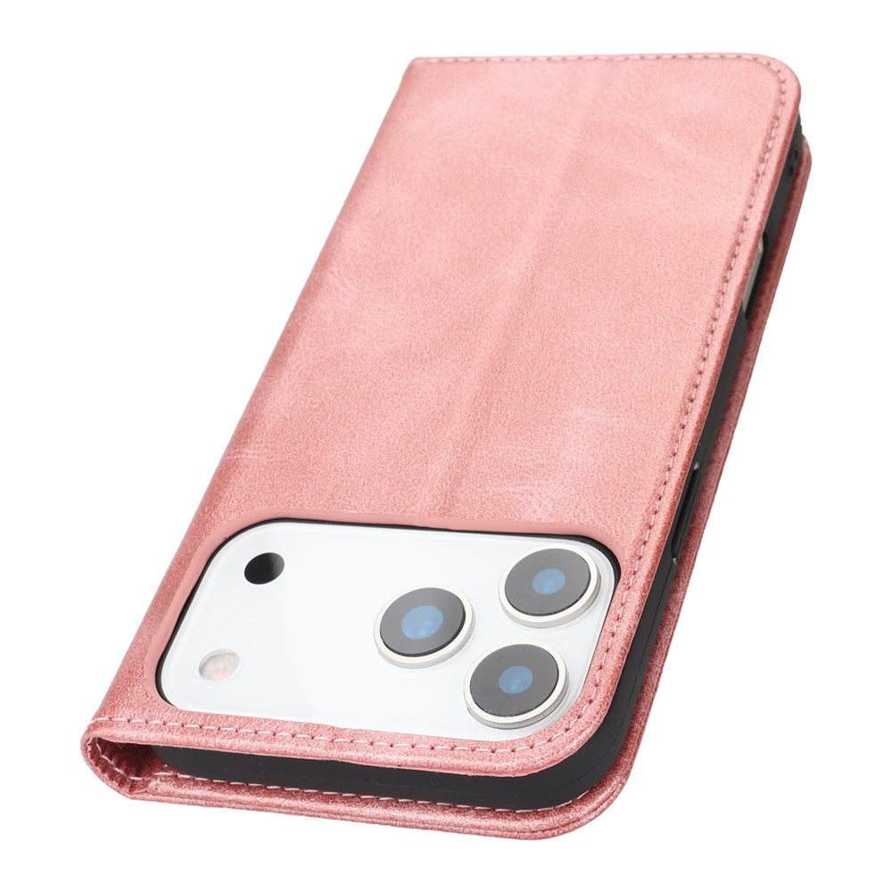 For iPhone 17 Pro Max Case PU Leather Calf Textured Magnetic Closing Smart Phone Cover - Rose Gold