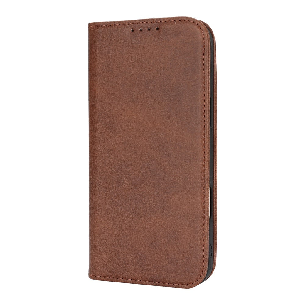 For iPhone 17 Pro Max Case PU Leather Calf Textured Magnetic Closing Smart Phone Cover - Dark Brown