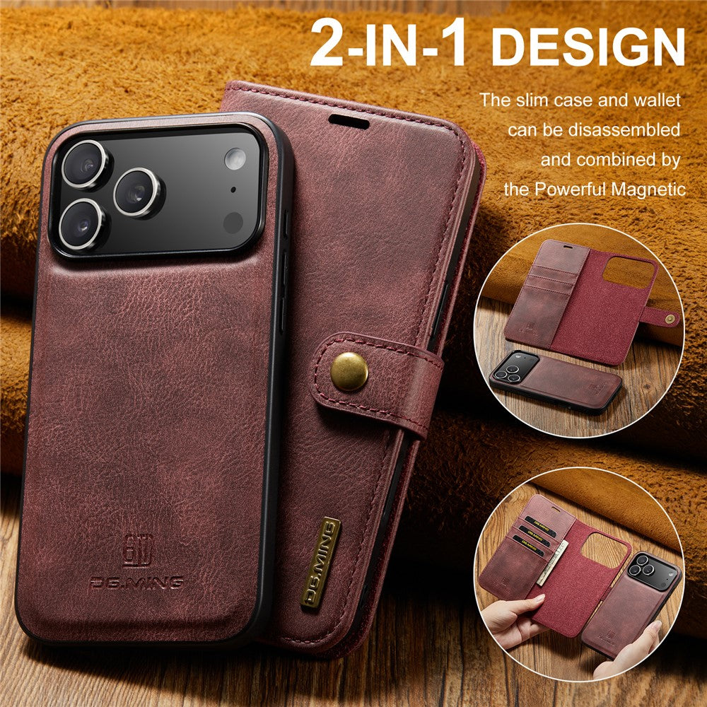DG.MING for iPhone 17 Pro Max Case Detachable Split Leather Phone Cover - Red