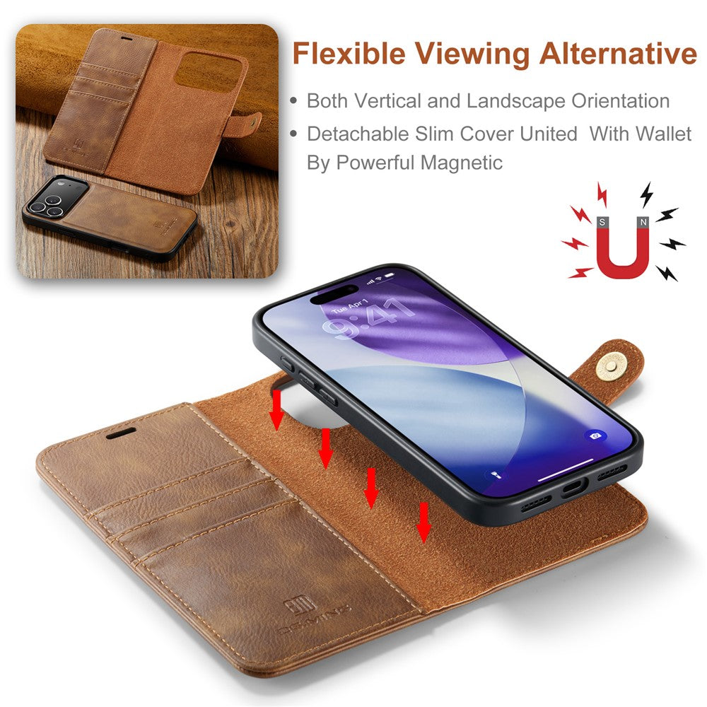 DG.MING for iPhone 17 Pro Max Case Detachable Split Leather Phone Cover - Brown