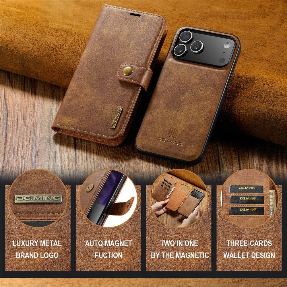 DG.MING for iPhone 17 Pro Max Case Detachable Split Leather Phone Cover - Brown