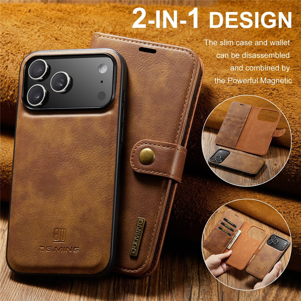 DG.MING for iPhone 17 Pro Max Case Detachable Split Leather Phone Cover - Brown