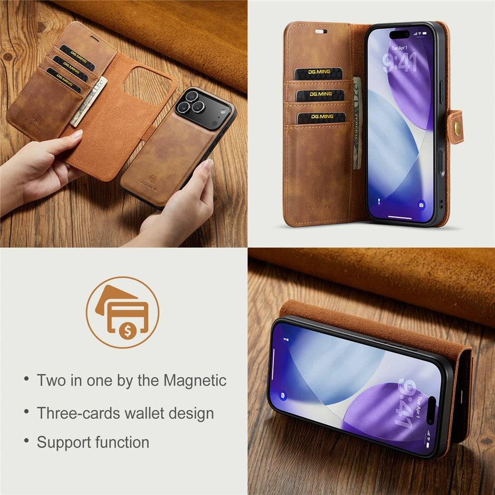DG.MING for iPhone 17 Pro Max Case Detachable Split Leather Phone Cover - Brown