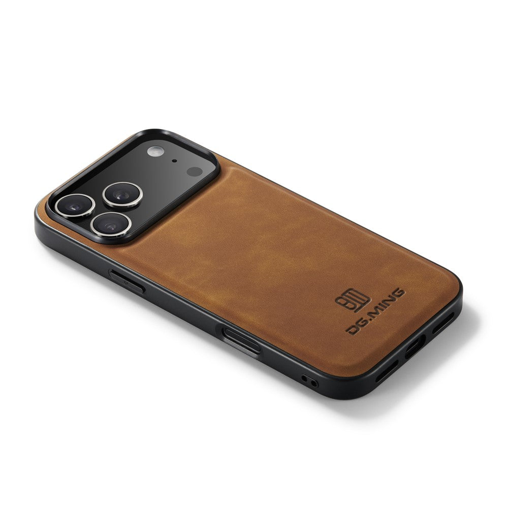 DG.MING For iPhone 17 Pro Max Case PU Leather Covered PC + TPU Hybrid Phone Shell - Brown