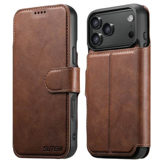 SUTENI Q-05 For iPhone 17 Pro Max Wallet Case 2 in 1 Detachable Leather Flip Phone Cover with Stand - Brown