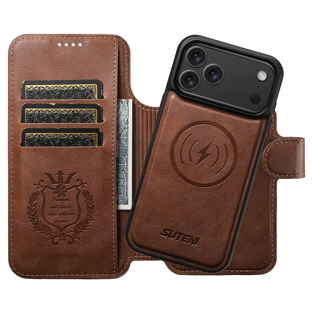 SUTENI Q-05 For iPhone 17 Pro Max Wallet Case 2 in 1 Detachable Leather Flip Phone Cover with Stand - Brown