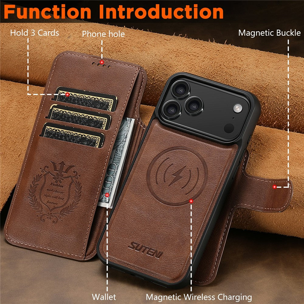 SUTENI Q-05 For iPhone 17 Pro Max Wallet Case 2 in 1 Detachable Leather Flip Phone Cover with Stand - Brown