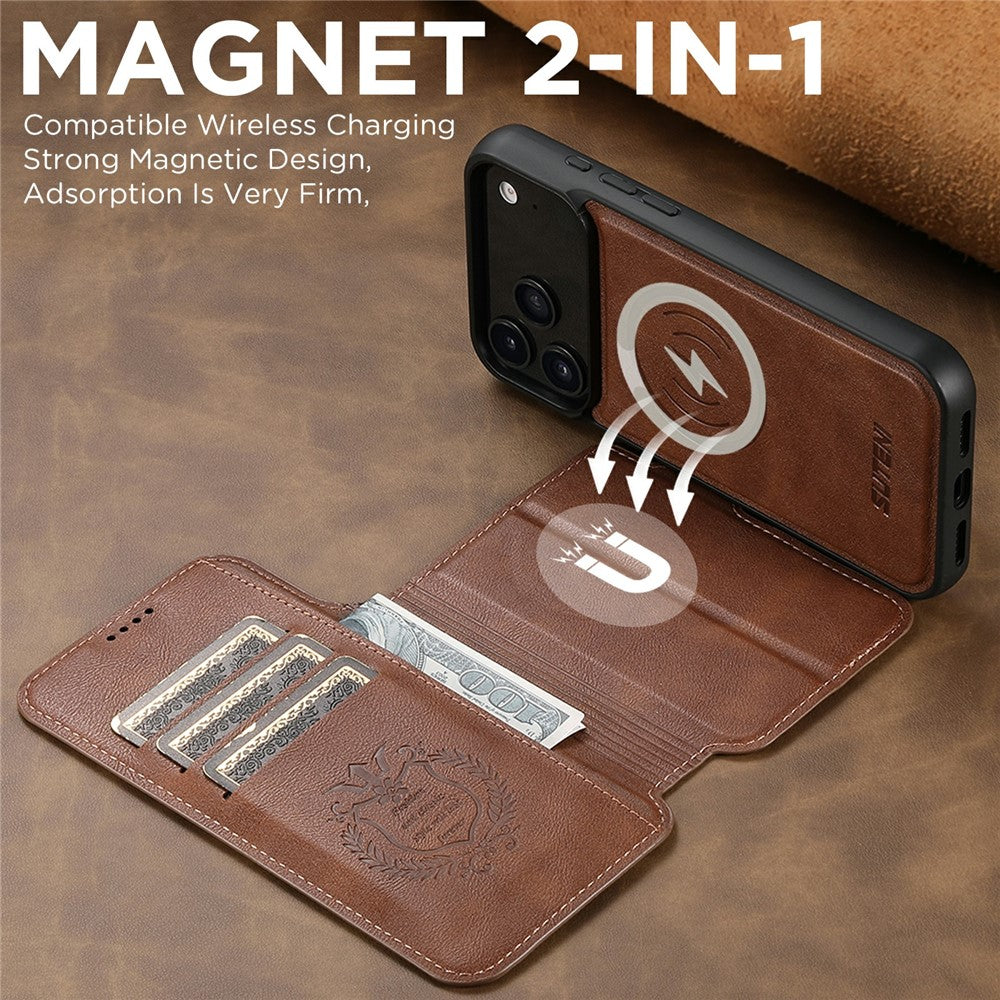 SUTENI Q-05 For iPhone 17 Pro Max Wallet Case 2 in 1 Detachable Leather Flip Phone Cover with Stand - Brown