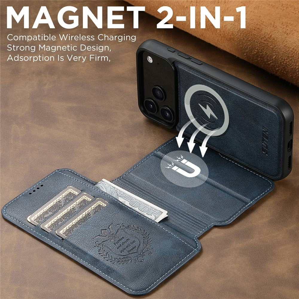SUTENI Q-05 For iPhone 17 Pro Max Wallet Case 2 in 1 Detachable Leather Flip Phone Cover with Stand - Blue