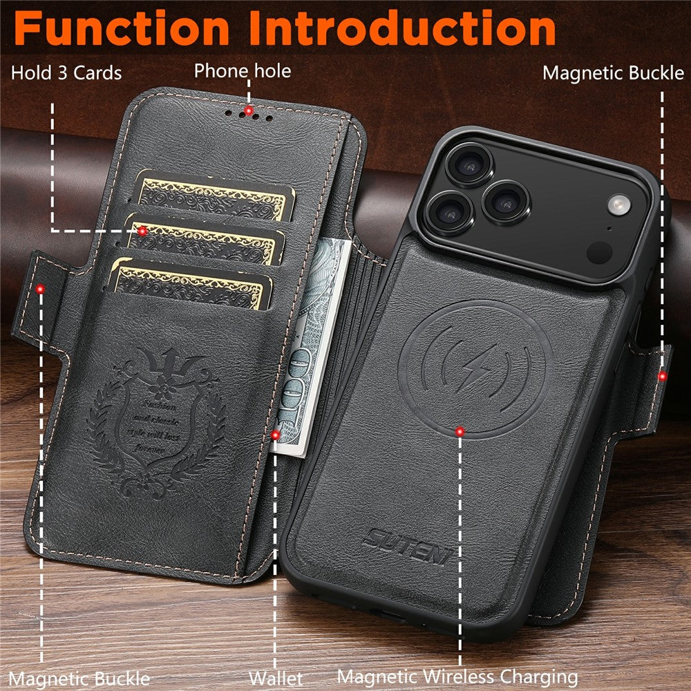 SUTENI Q-06 For iPhone 17 Pro Max Case Color Splicing Magnetic Detachable Leather Phone Cover - Black