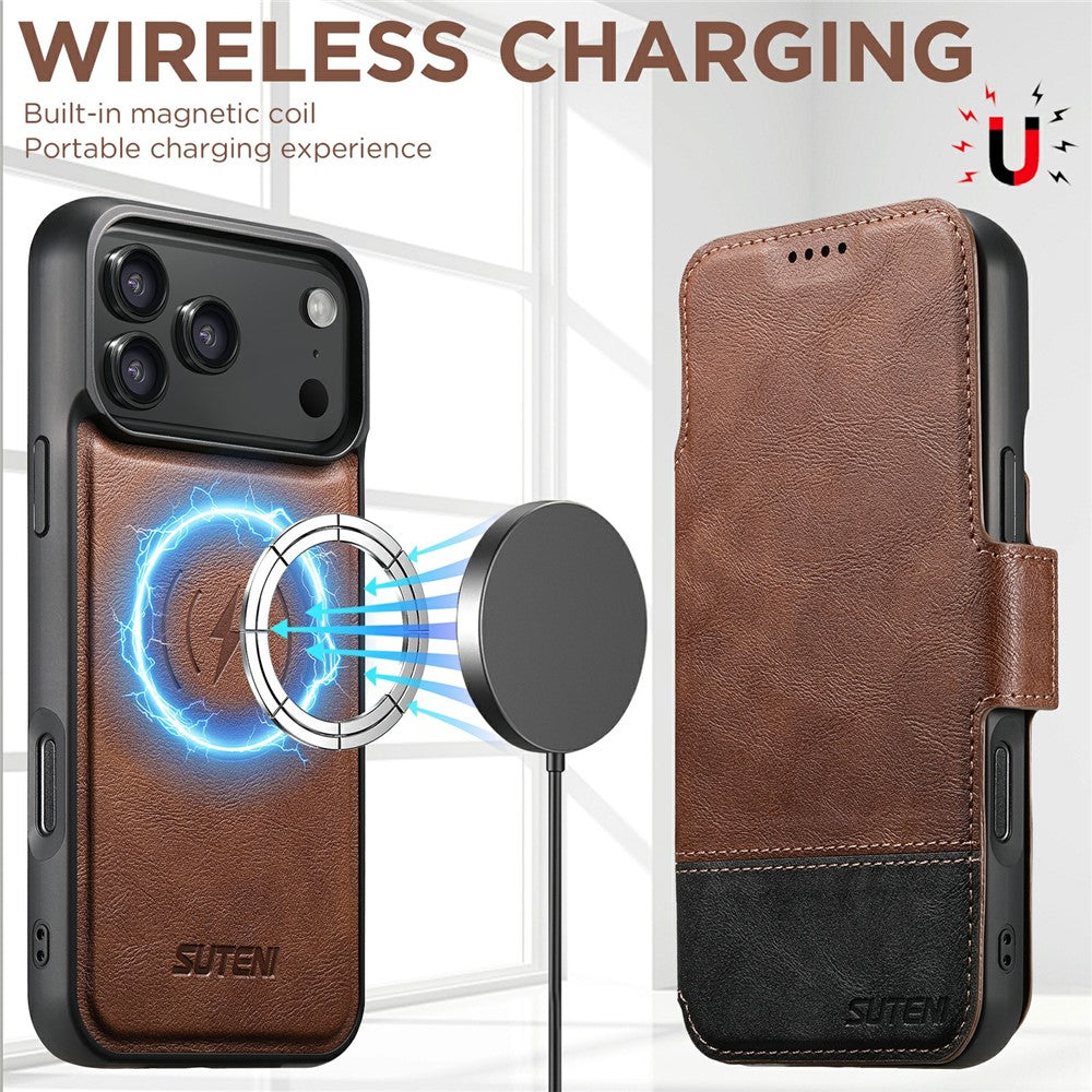 SUTENI Q-06 For iPhone 17 Pro Max Case Color Splicing Magnetic Detachable Leather Phone Cover - Brown