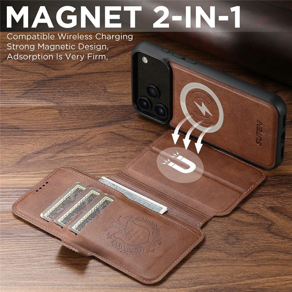 SUTENI Q-06 For iPhone 17 Pro Max Case Color Splicing Magnetic Detachable Leather Phone Cover - Brown