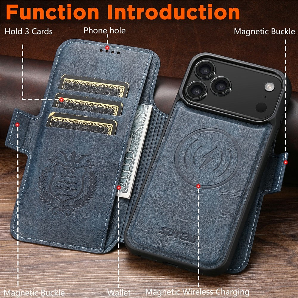 SUTENI Q-06 For iPhone 17 Pro Max Case Color Splicing Magnetic Detachable Leather Phone Cover - Blue