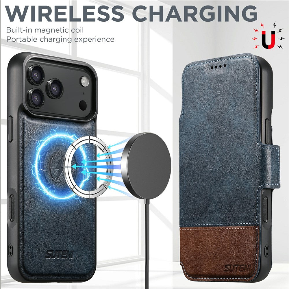 SUTENI Q-06 For iPhone 17 Pro Max Case Color Splicing Magnetic Detachable Leather Phone Cover - Blue