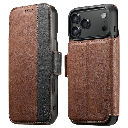 SUTENI Q-07 For iPhone 17 Pro Max Case Magnetic Color Splicing Cowhide Texture Leather Cover - Brown