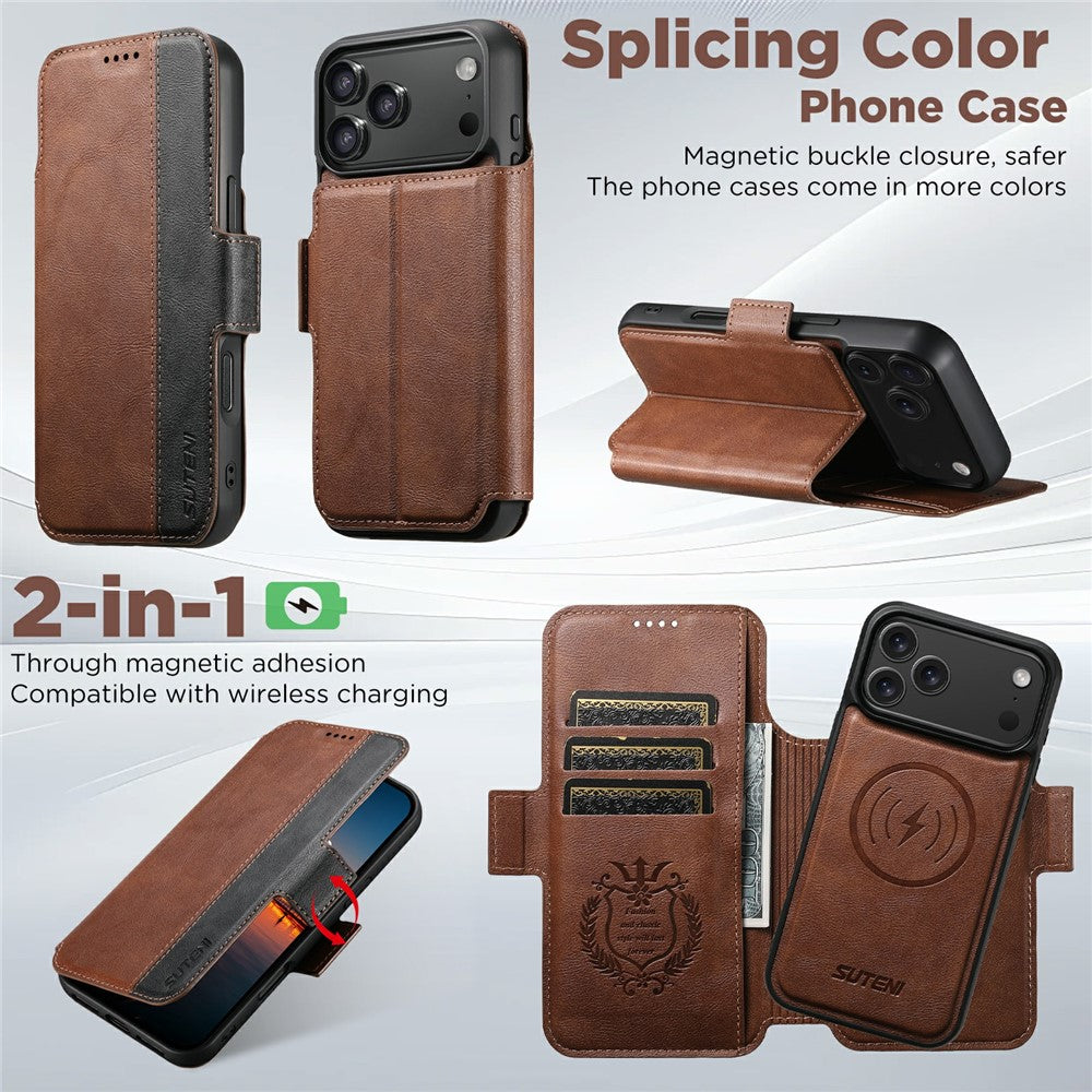 SUTENI Q-07 For iPhone 17 Pro Max Case Magnetic Color Splicing Cowhide Texture Leather Cover - Brown