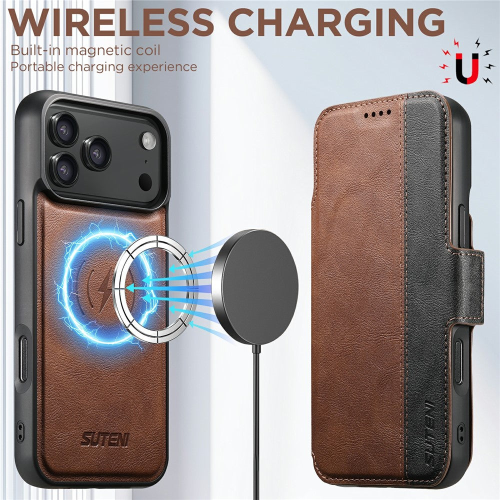 SUTENI Q-07 For iPhone 17 Pro Max Case Magnetic Color Splicing Cowhide Texture Leather Cover - Brown