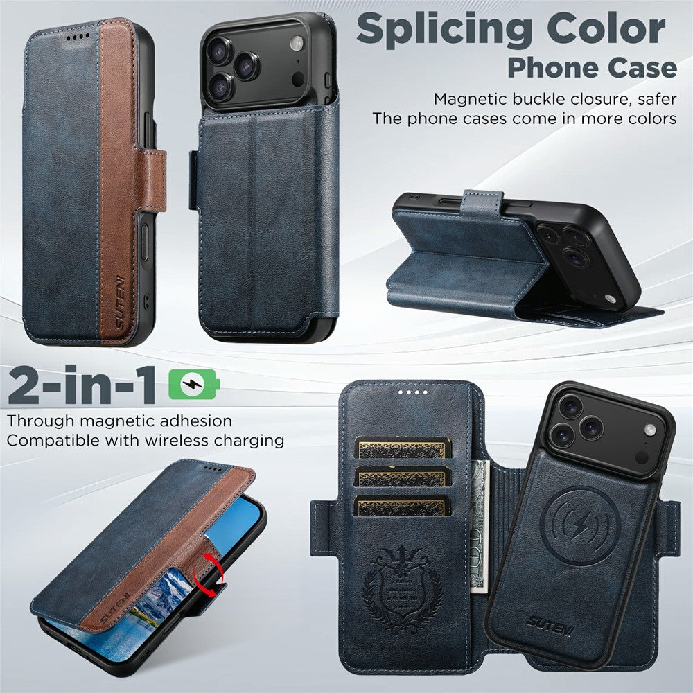 SUTENI Q-07 For iPhone 17 Pro Max Case Magnetic Color Splicing Cowhide Texture Leather Cover - Blue