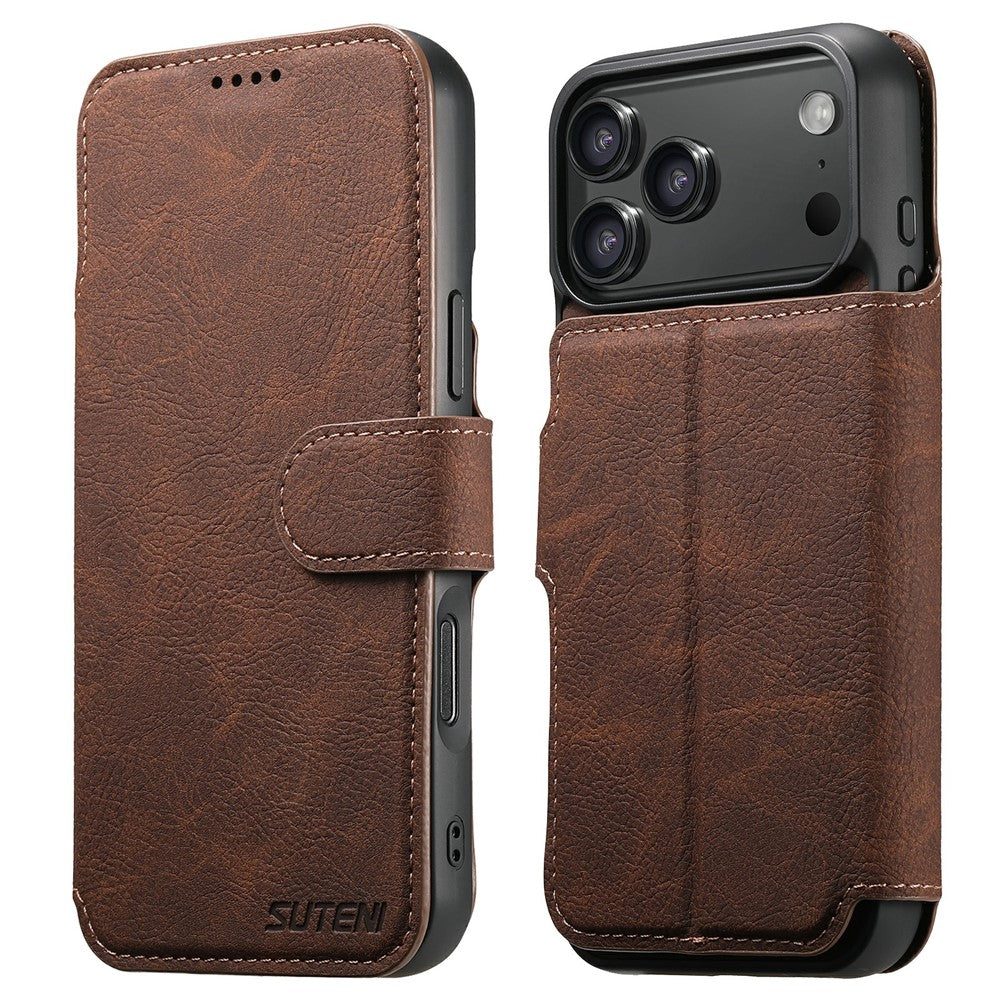 SUTENI Q-05 For iPhone 17 Pro Max Case Detachable Wallet Stand Litchi Texture Leather Flip Phone Cover - Brown