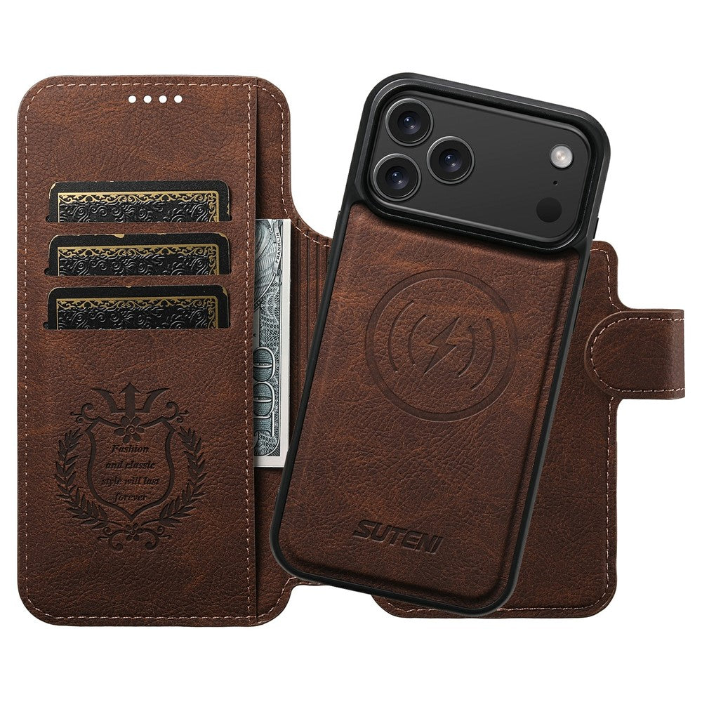 SUTENI Q-05 For iPhone 17 Pro Max Case Detachable Wallet Stand Litchi Texture Leather Flip Phone Cover - Brown