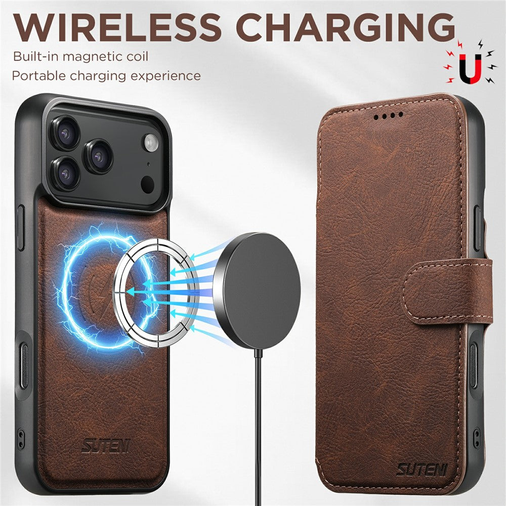 SUTENI Q-05 For iPhone 17 Pro Max Case Detachable Wallet Stand Litchi Texture Leather Flip Phone Cover - Brown