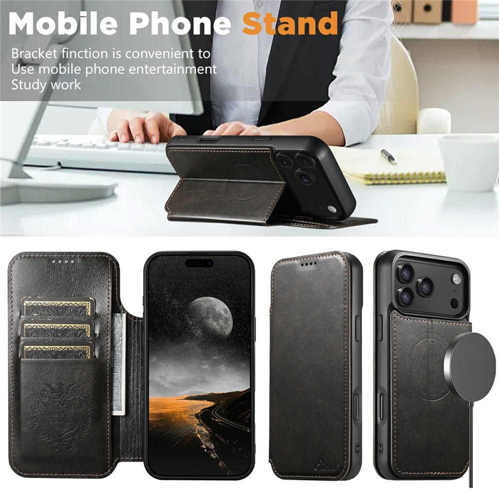 SUTENI J05 For iPhone 17 Pro Max Case Compatible with MagSafe Textured PU Leather Flip Phone Cover - Black