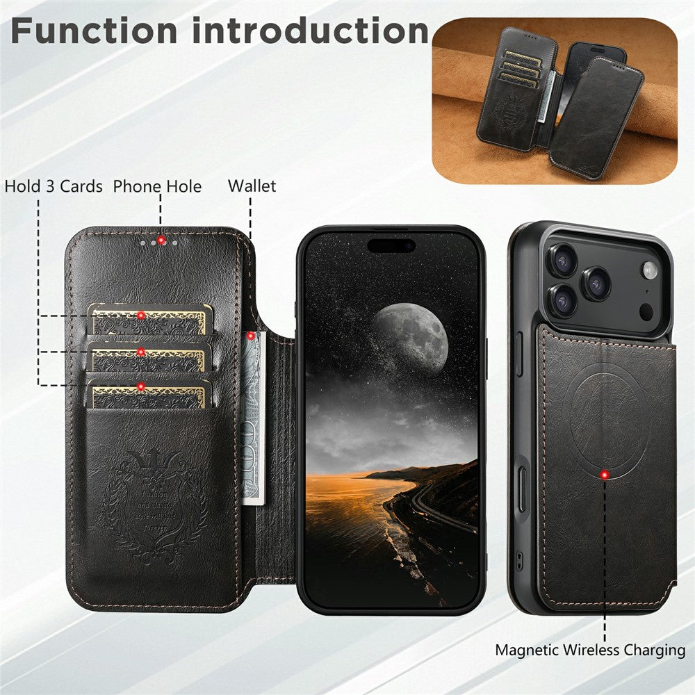 SUTENI J05 For iPhone 17 Pro Max Case Compatible with MagSafe Textured PU Leather Flip Phone Cover - Black