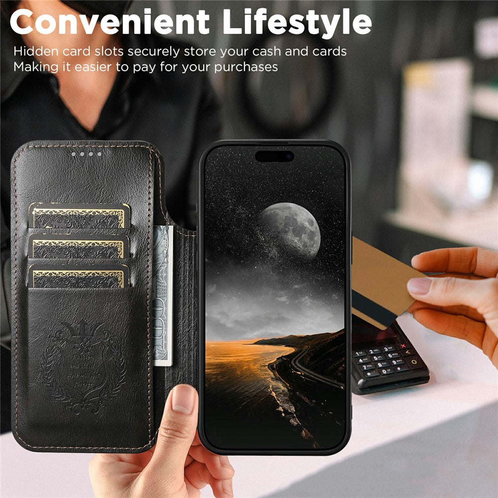 SUTENI J05 For iPhone 17 Pro Max Case Compatible with MagSafe Textured PU Leather Flip Phone Cover - Black