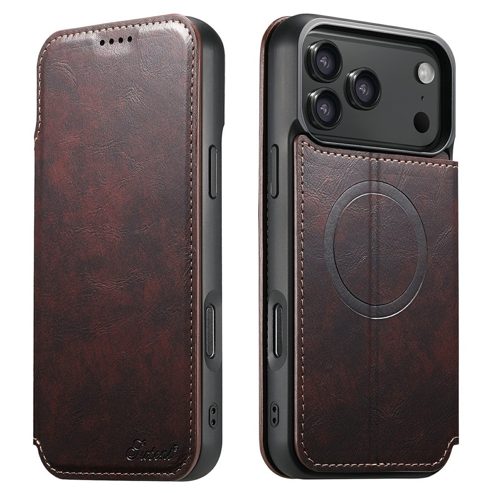 SUTENI J05 For iPhone 17 Pro Max Case Compatible with MagSafe Textured PU Leather Flip Phone Cover - Brown