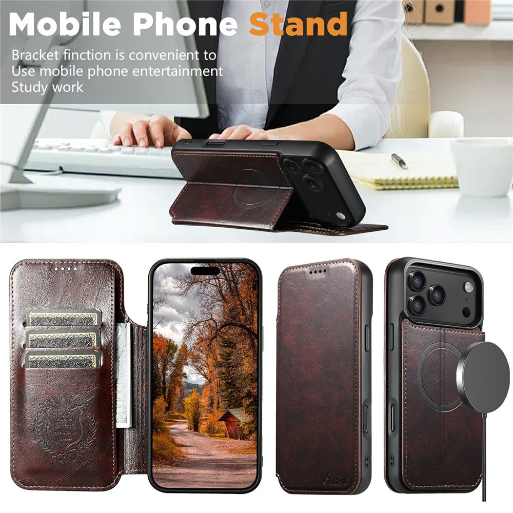 SUTENI J05 For iPhone 17 Pro Max Case Compatible with MagSafe Textured PU Leather Flip Phone Cover - Brown