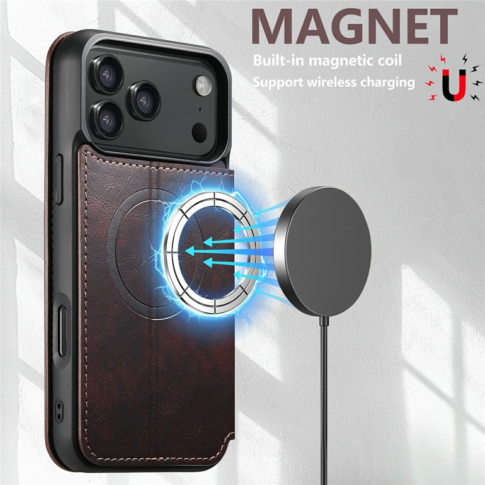 SUTENI J05 For iPhone 17 Pro Max Case Compatible with MagSafe Textured PU Leather Flip Phone Cover - Brown