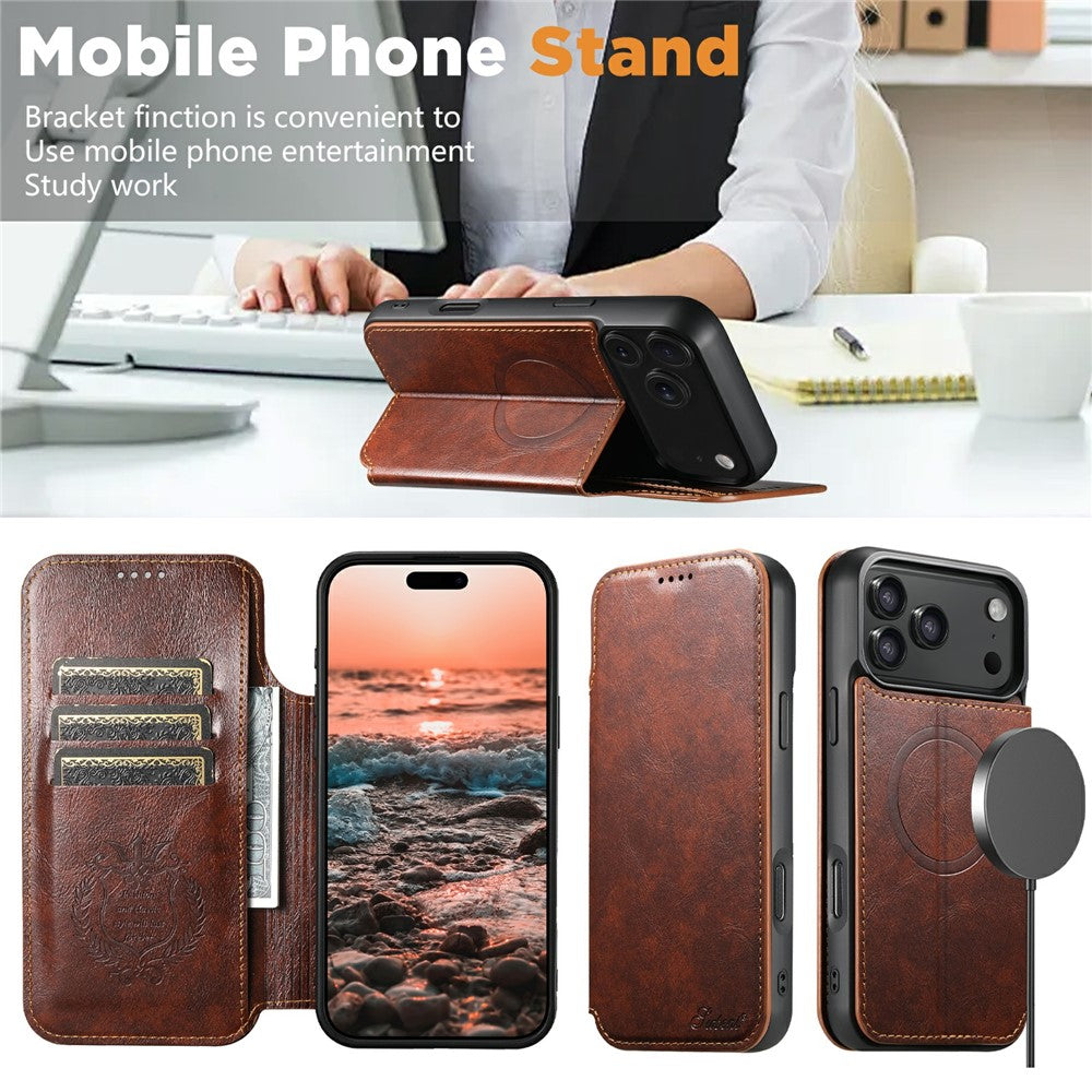SUTENI J05 For iPhone 17 Pro Max Case Compatible with MagSafe Textured PU Leather Flip Phone Cover - Khaki