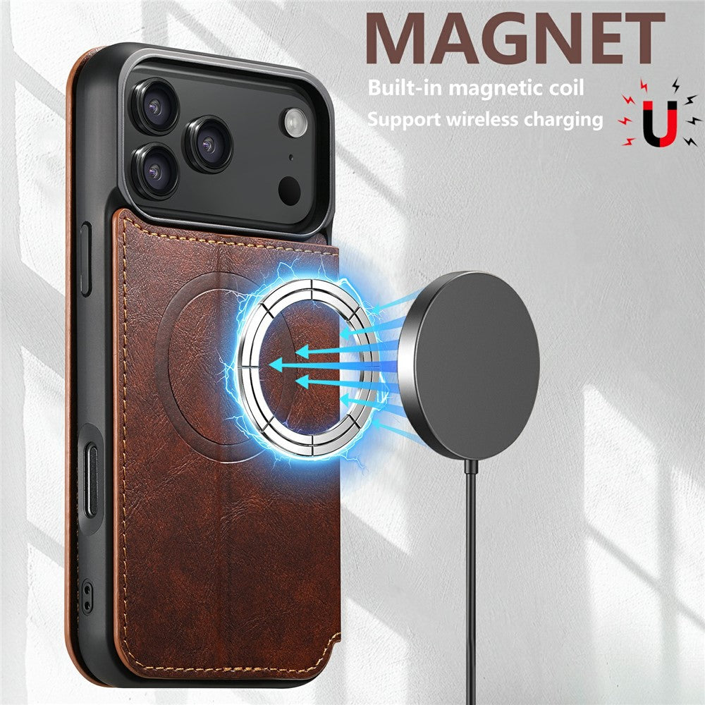SUTENI J05 For iPhone 17 Pro Max Case Compatible with MagSafe Textured PU Leather Flip Phone Cover - Khaki